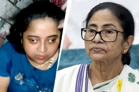 (இடமிருந்து) மம்தா பானர்ஜியைத் தாக்க முயன்ற பெண், மம்தா பானர்ஜி.