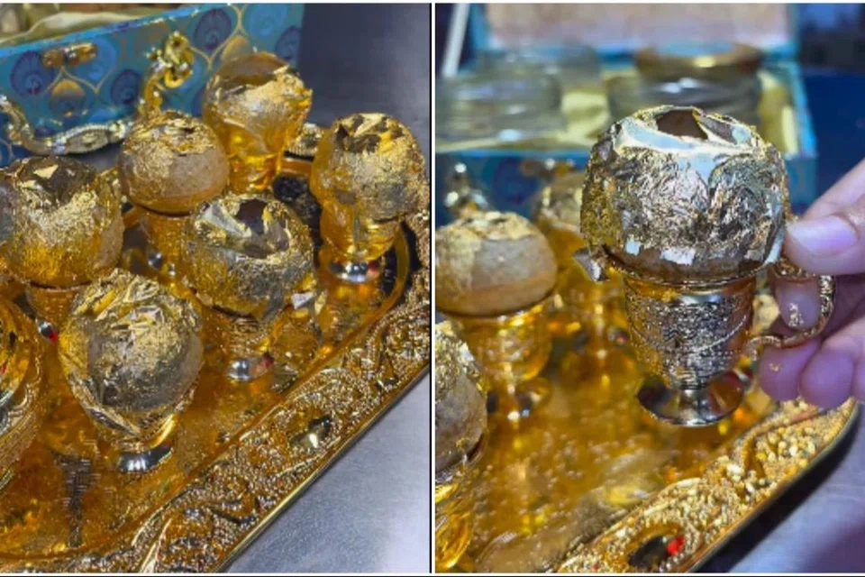 தங்கத்தட்டில், தங்க, வெள்ளி பானி பூரிகள்