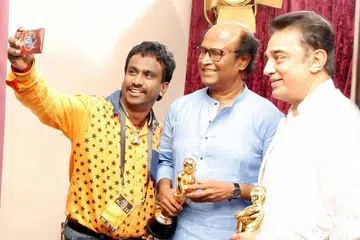 ரஜினி, கமல்ஹாசனுடன் நிகில் முருகன்.