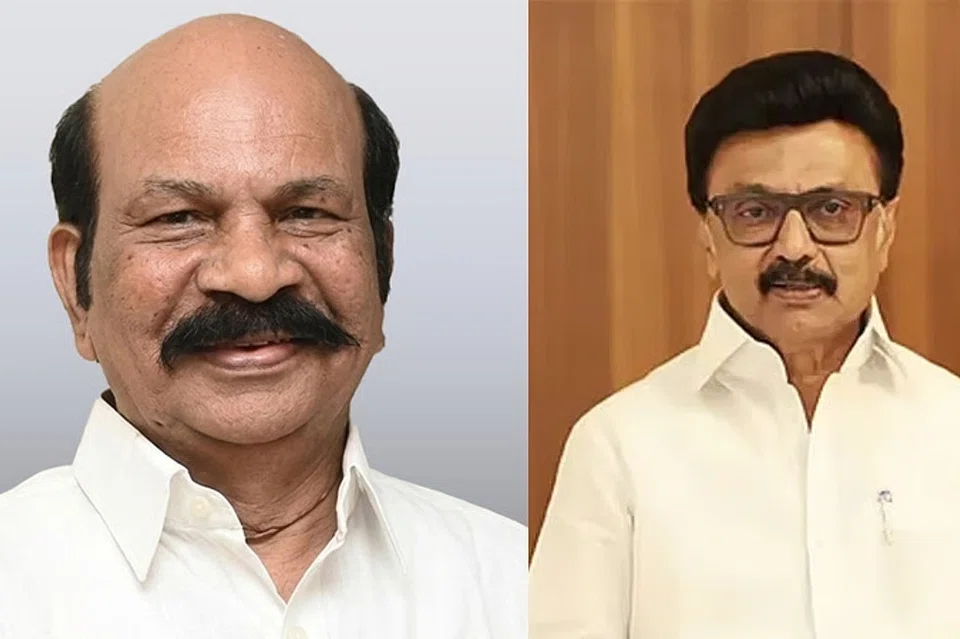 (இடமிருந்து) தவெக சட்டமன்ற உறுப்பினர் வி.எஸ்.பாபு, திமுக தலைவர் மு.க. ஸ்டாலின்.