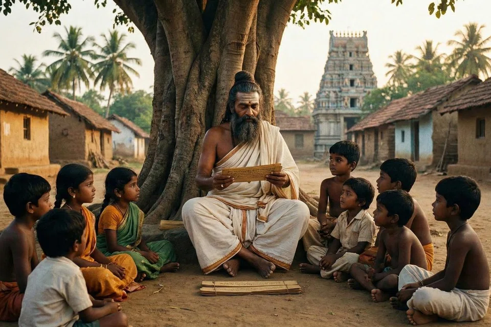 திருக்குறளைப் படித்துக் காட்டும் ஆசிரியருடன் மாணவர்கள்.