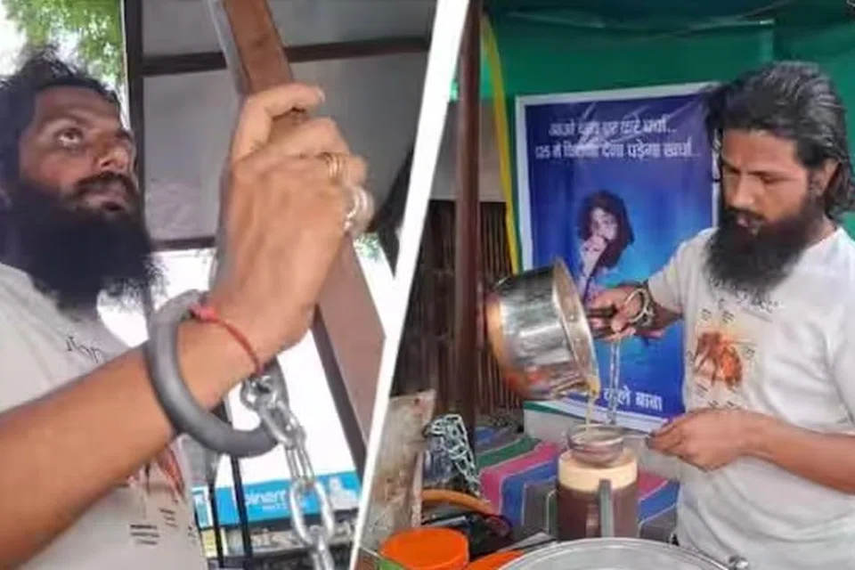 கடையில் இருக்கும்போதெல்லாம் தன் கையில் விலங்கு பூட்டியக் கோலத்துடன் காணப்படுகிறார் கிருஷ்ணகுமார்.