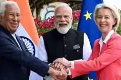 ஜி7 உச்சநிலை மாநாட்டின்போது ஐரோப்பிய ஒன்றியத் தலைவர்களுடன் இந்தியப் பிரதமர் நரேந்திர மோடி (நடு).