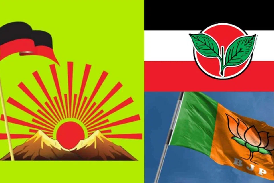 (இடது) திமுக , (மேலிருந்து) அதிமுக, பாஜக கட்சிக் கொடிகள்.