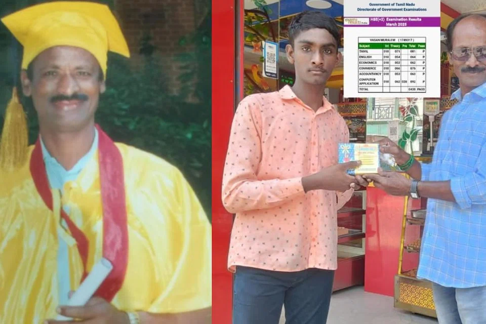 மகனுடன் நடிகர் முத்துக்காளை.