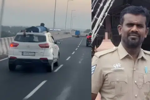 கிட்டத்தட்ட 30 கிலோ மீட்டர் தூரம் காரின்மீது தொங்கியவாறு பயணம் செய்த தலைமைக் காவலர் வேல்முருகன்.