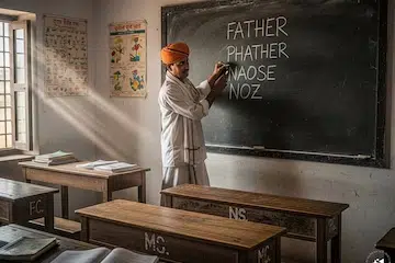 மாணவர்களுக்குத் தவறாக ஆங்கிலம் கற்றுக்கொடுத்த உதவி ஆசிரியர் எல்.பி. பிரவீன் டோப்போ.