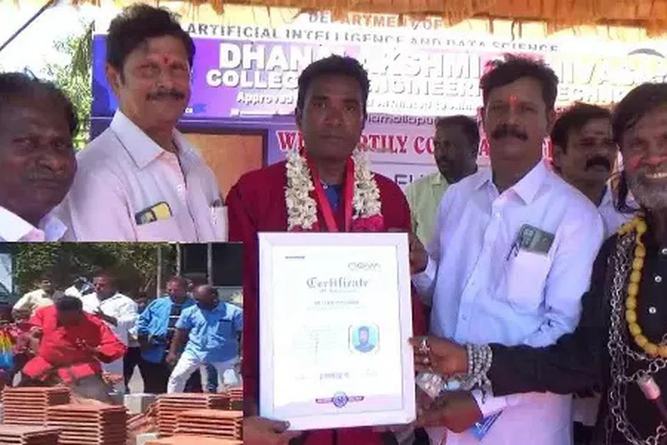 உலகச் சாதனை படைத்ததற்கான சான்றிதழுடன் குங்பூ தற்காப்புக் கலை வீரர் பஞ்சாட்சரம் (கழுத்தில் மாலையுடன்). உள்படம்: ஓடுகளை உடைக்கிறார்.    