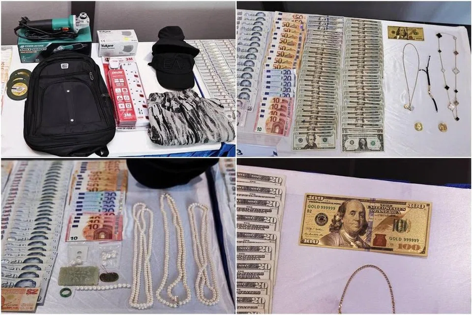 ஒரு கார், வட்ட வடிவிலான மின்சக்தி ரம்பம், பலவகை அணிகலன், $18,000க்கும் மேற்பட்ட பன்னாட்டு ரொக்கப் பணம்  ஆகியவை மூவரிடமிருந்தும் கைப்பற்றப்பட்டது. 