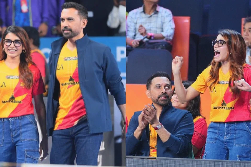 உலக பிக்கல்பால் லீக் போட்டிகளின்போது இயக்குநர் ராஜ் நிடிமோருவுடன் காணப்பட்டார் சமந்தா.