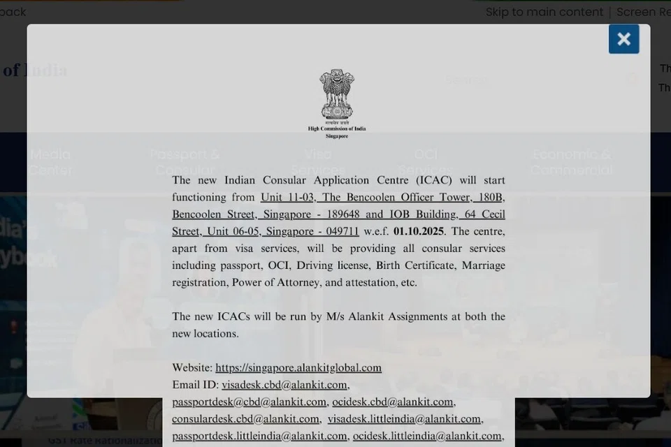 சிங்கப்பூருக்கான இந்தியத் தூதரகத்தின் இணையத்தளத்தில் விடுக்கப்பட்ட அறிவிப்பு.