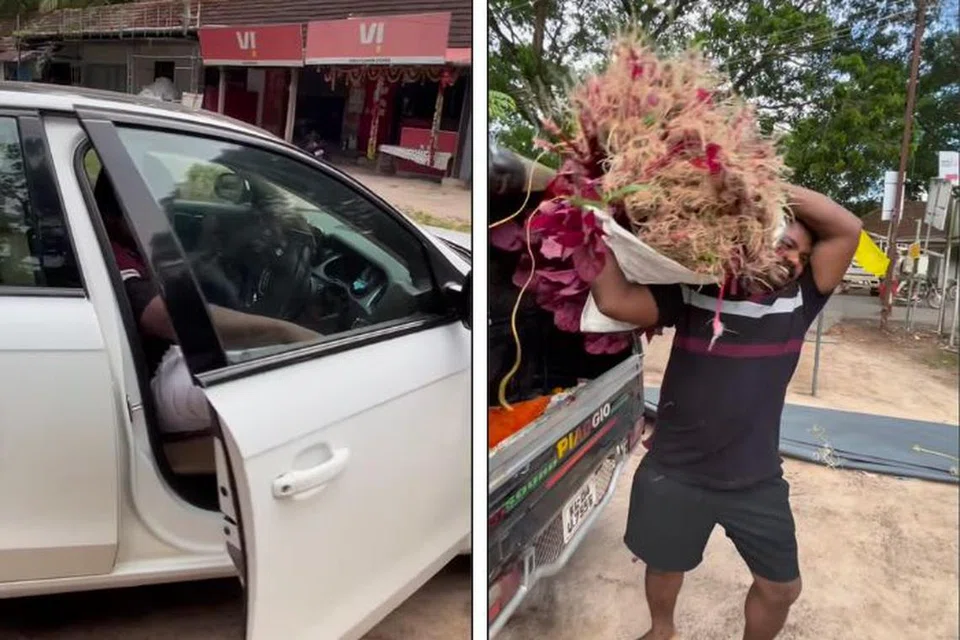 ஆவ்டி காரில் சந்தைக்கு வந்திறங்கிய சுஜித், சந்தையில் விற்பதற்காக காய்கறிகளை தோளில் சுமந்துச் செல்கிறார்.