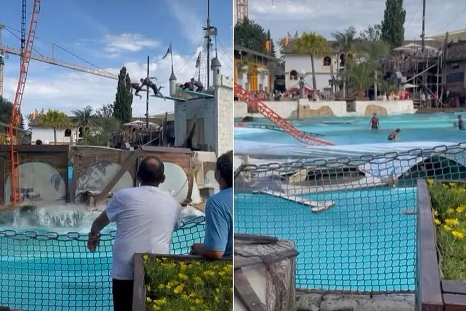 குளத்துடன் இணைக்கப்பட்டிருந்த குதிமேடை உடைந்து நொறுங்கியதால் கழைக்கூத்தாடிகள் கீழே விழ நேரிட்டது.