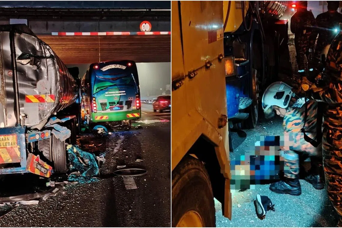 ஜோகூரில் லாரிகளுடன் மோதிய சுற்றுலாப் பேருந்து; இருவர் மரணம்