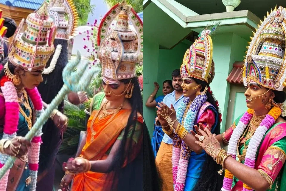 விழாவில் பங்கேற்க மாறுவேடமிட்டு வந்த கலைஞர்கள்.