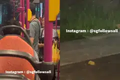 டுரியான் அடங்கிய பிளாஸ்டிக் பையைப் பேருந்திலிருந்து வீசிய பெண், சாலையில் கிடக்கும் டுரியான் பை (வலது).