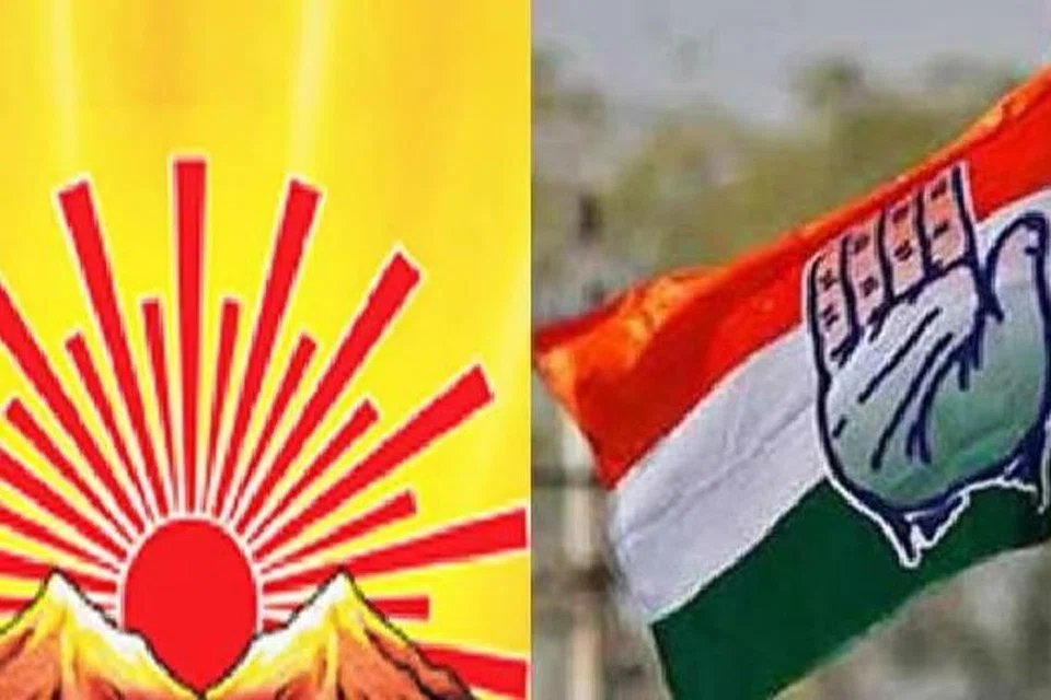 திமுக, காங்கிரஸ் கட்சிகளின் சின்னங்கள்.