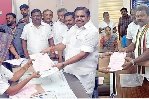 எடப்பாடி தொகுதியில் போட்டியிடும் அதிமுக பொதுச் செயலாளர் பழனிசாமி திங்கட்கிழமை வேட்புமனு தாக்கல் செய்தார். வலது படம்: திருப்பெரும்புதூரில் காங்கிரஸ் சார்பில் போட்டியிடும் கட்சியின் மாநிலத் தலைவர் செல்வப்பெருந்தகை வேட்புமனு தாக்கல் செய்தார். உடன் அமைச்சர் தா.மோ.அன்பரசன்.