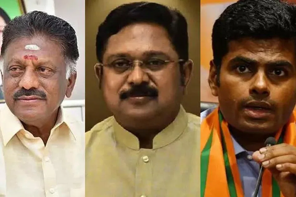 (இடமிருந்து) ஓ.பன்னீர்செல்வம், டிடிவி.தினகரன், அண்ணாமலை.