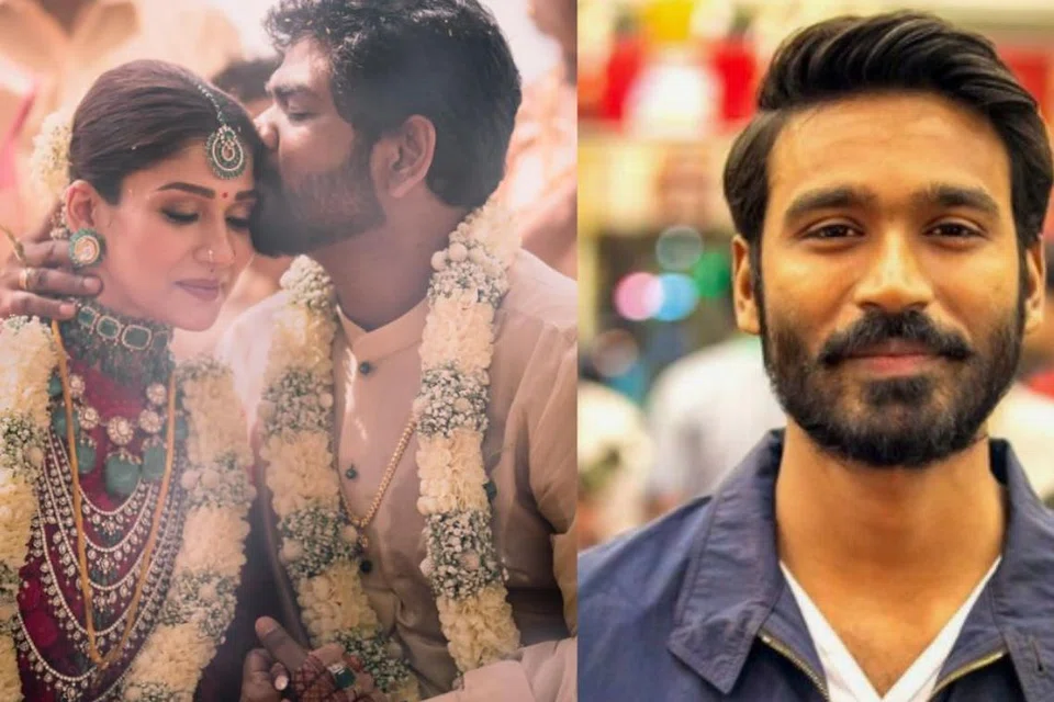 திருமணத்தின்போது விக்னேஷ் சிவன், நயன்தாரா, (வலது) நடிகர் தனுஷ்.