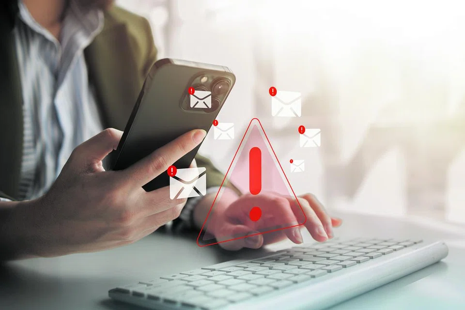 Spam email inbox notification, virus detection sent with email, warning to prevent computer virus infection, virus scanning, spam email dangerous equipment, warning symbol.