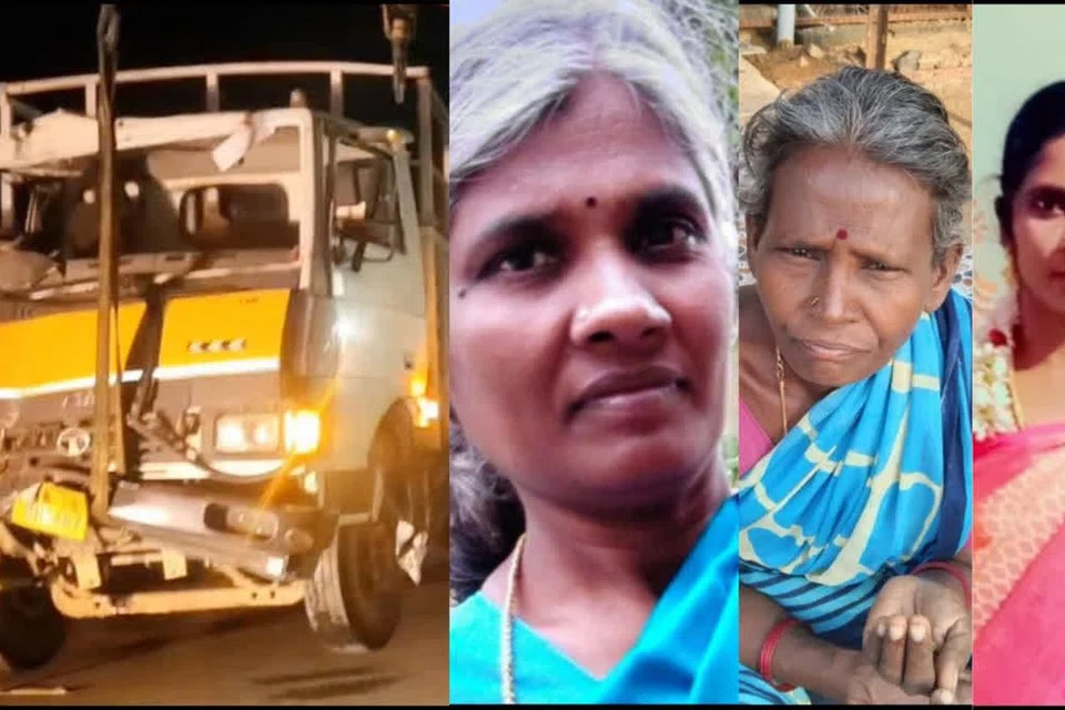 மோதிய லாரியும் உயிரிழந்தோரில் சிலரும்.
