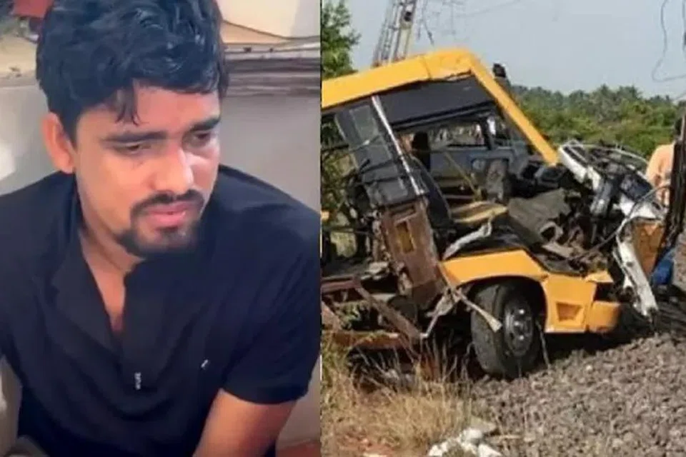 பணிநீக்கம் செய்யப்பட்ட பங்கஜ் சர்மாவும் ரயில் மோதியதால் உருக்குலைந்த பள்ளி வாகனமும்.