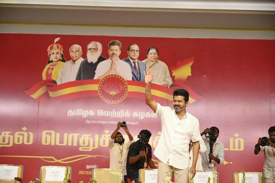 திருவான்மியூரில் நடைபெற்ற தவெகவின் முதல் பொதுக்குழு கூட்டத்தில் அக்கட்சியின் தலைவர் விஜய்.