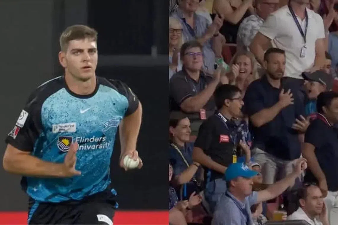 மகன் வீசிய பந்தில் பறந்த சிக்சர்; பாய்ந்து பிடித்தார் கூட்டத்திலிருந்த தந்தை