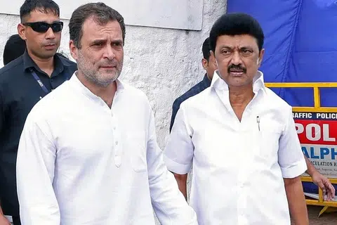 காங்கிரஸ் கட்சியின் முன்னாள் தலைவர் ராகுல் காந்தி, தமிழக முதல்வர் மு.க.ஸ்டாலின்.