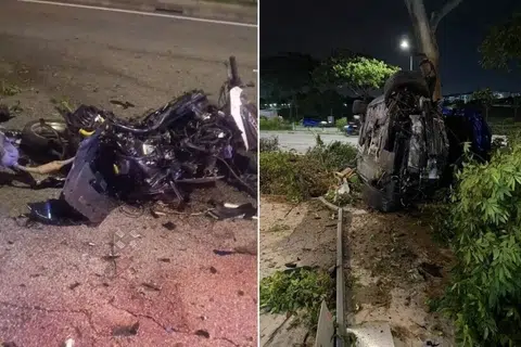விபத்திற்குப் பிறகு மோட்டர்சைக்கிள் சாலையிலும், கார் மரத்தின் கீழும் சேதமடைந்து கிடந்தன.