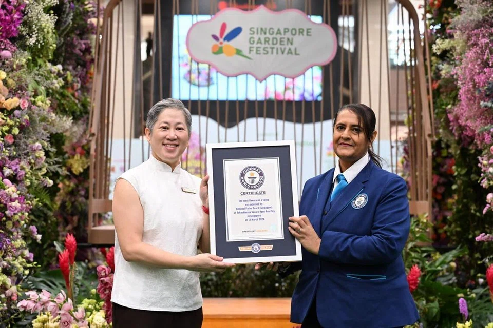 சிங்கப்பூர்த் தோட்ட விழாவின் தொடக்க நிகழ்வின் ஒரு பகுதியாகத் தக்காஷிமாயா ஸ்குவேரில் நிறுவப்பட்ட ஊஞ்சலுக்காக வியாழக்கிழமை (மார்ச் 12) கின்னஸ் உலகச் சாதனைச் சான்றிதழை அதிகாரபூர்வ நடுவர் சோனியா உஷிரோகோச்சி (வலம்), தேசியப் பூங்காக் கழகத்தின் தலைமை நிர்வாக அதிகாரி ஹுவாங் யு-நிங்கிடம் வழங்கினார்.