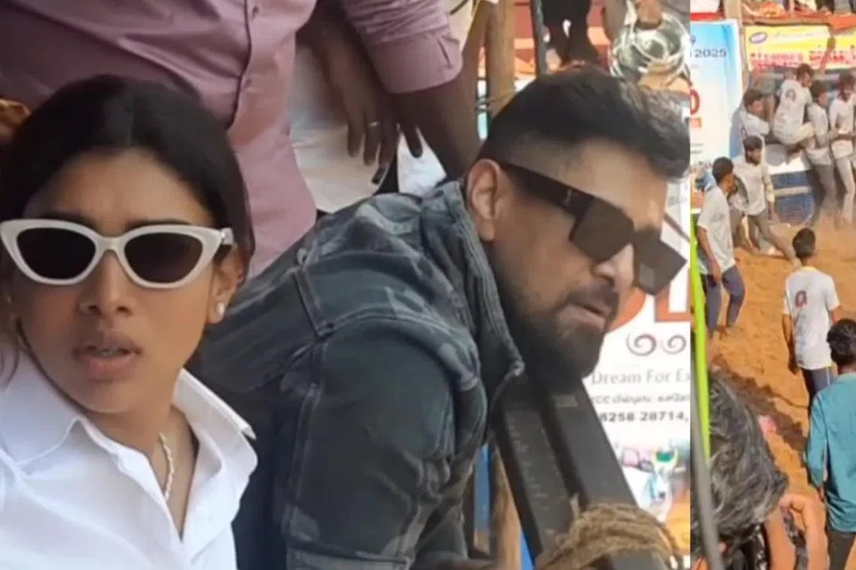 ஜல்லிக்கட்டுப் போட்டியை ரசித்த விக்ரம், துஷாரா.
