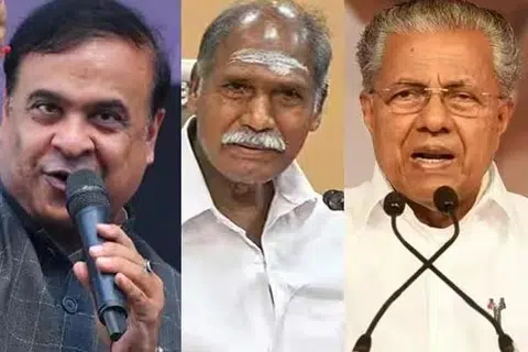 (இடமிருந்து) அசாம் முதல்வர் ஹிமந்த பிஸ்வா சர்மா, புதுச்சேரி முதல்வர் ரங்கசாமி, கேரள முதல்வர் பினராயி விஜயன்.