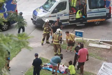 காயமடைந்த பயணி ஒருவர், புல்வெளியில் காணப்படுகிறார்.