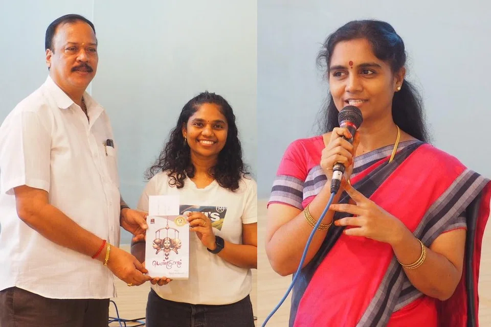 சிறந்த கவிதைகளை எழுதியோர்க்குப் புத்தகப் பரிசும் பணப் பரிசும் வழங்கப்பட்டது. (வலது) நிகழ்ச்சியை முன்னெடுத்த கவிஞர் அ. பிரபாதேவி.