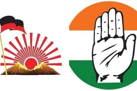 திமுக, காங்கிரஸ் கட்சி சின்னங்கள்.