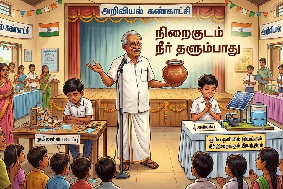 தலைமையாசிரியர் மேடையில் ‘நிறைகுடம் நீர் தளும்பாது’ என்பதை மாணவர்களுக்கு விளக்குகிறார்.