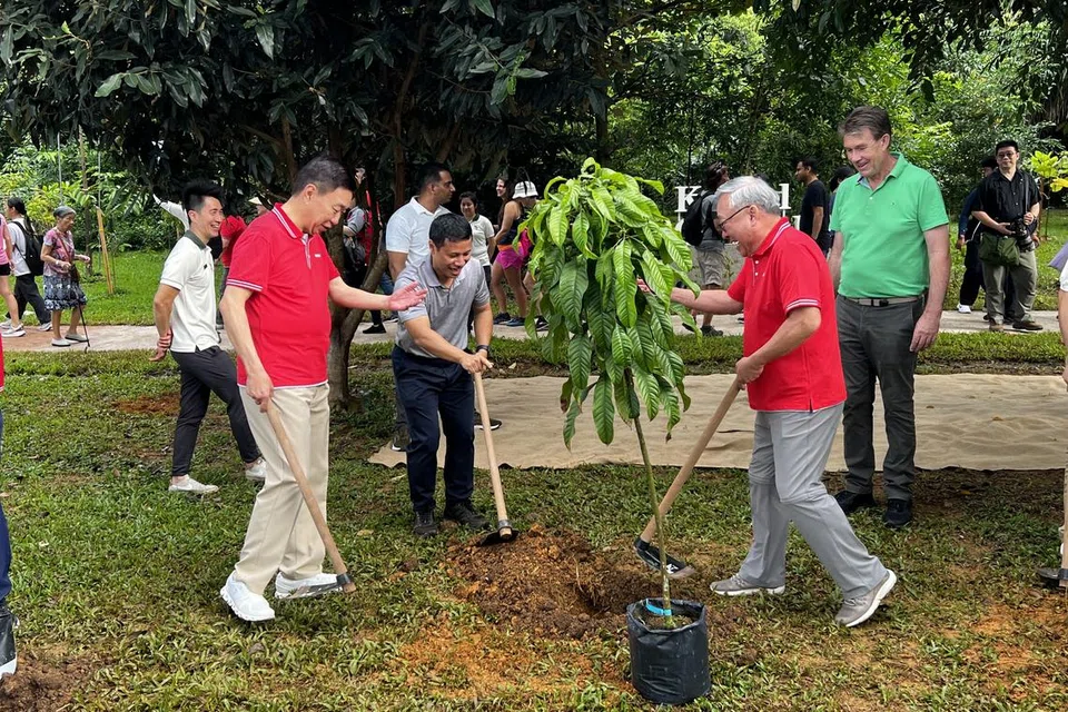 அமைச்சர் டெஸ்மண்ட் லீ (நடுவில்), (இடமிருந்து) கெப்பல் தலைமை நிர்வாகி லோ சின் ஹுவா, கெப்பல் தலைவர் டேனி டியோ, தேசிய பூங்காக் கழகத்தின் தலைமை நிர்வாகி லோ சின் ஹுவா, தோட்ட நகர நிதித் தலைவர் டேனியல் ஆகியோர் மரம் நடுகின்றனர்.