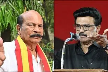 சென்னை கொளத்தூர் சட்டமன்றத் தொகுதியில் தவெக சார்பில் போட்டியிட்ட வி.எஸ். பாபு (இடது) கிட்டத்தட்ட 9,000 வாக்குகள் வித்தியாசத்தில் திமுக தலைவர் மு.க.ஸ்டாலினைத் தோற்கடித்தார்.
