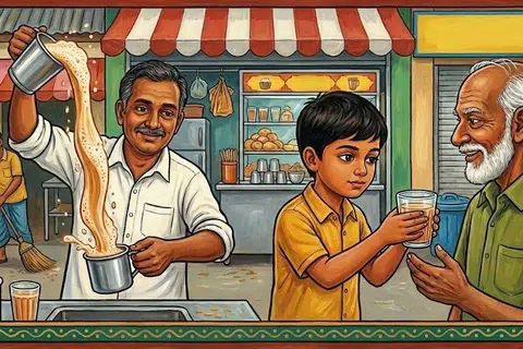 தந்தை சிவலிங்கம் கொடுத்த தேநீரைப் பெரியவரிடம் கொடுக்கிறான் மகிழன்.