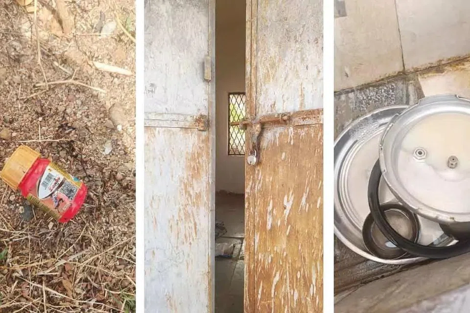 பள்ளி அருகே கிடந்த பூச்சிக்கொல்லி மருந்து போத்தல் (இடது), நஞ்சு தெளிக்கப்பட்ட சமையல் பாத்திரங்கள். 