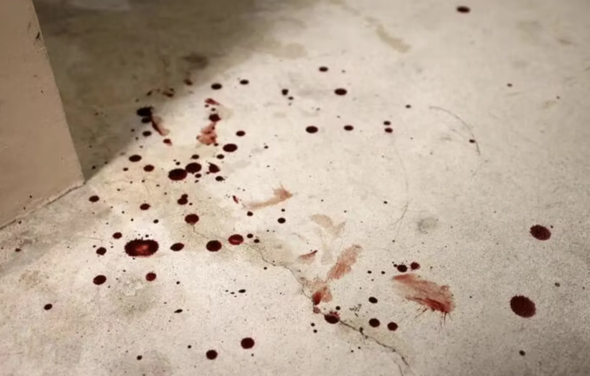 The blood splatters on the floor of the void deck.