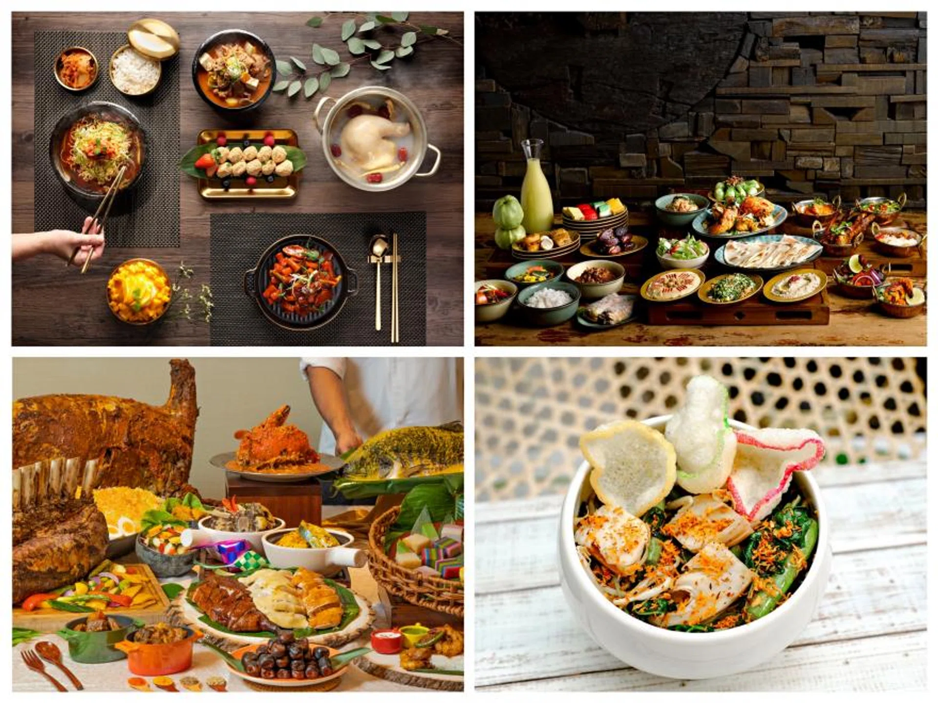 (Clockwise from top left) Holiday Inn Singapore Atrium's Korean buffet, iftar spread from StraitsKitchen at Grand Hyatt Singapore, kuluban in the Nusantara Iftar menu from Permata and iftar buffet from J65 at JEN Singapore Tanglin by Shangri-La.