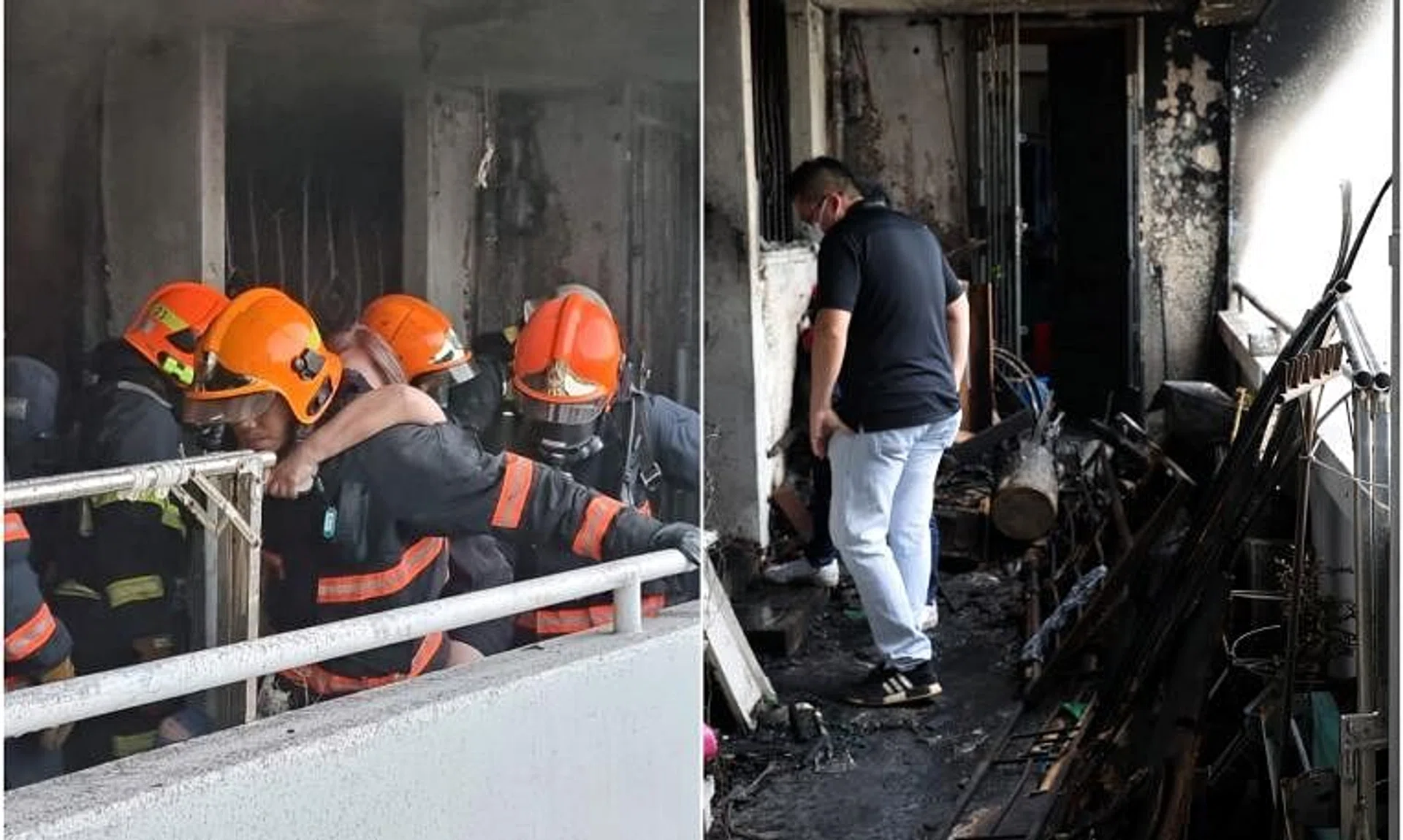 SCDF personnel during the fire that broke out in a Bedok North Avenue 2 flat on May 13 last year and the aftermath.