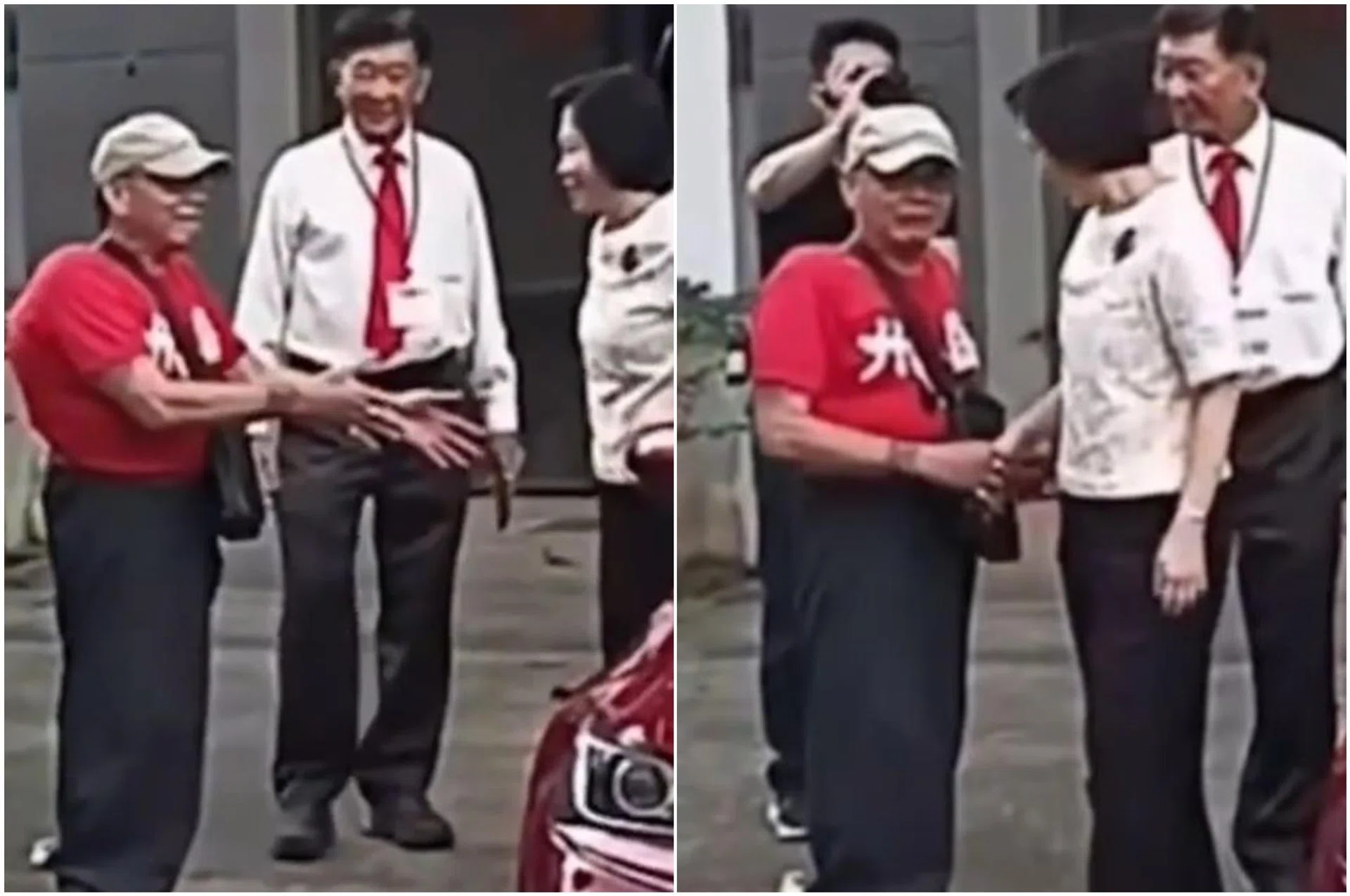 Screengrabs from a video showing Mr Leong Chee Leng (in red) extending his hand to greet Minister of State Gan Siow Huang.