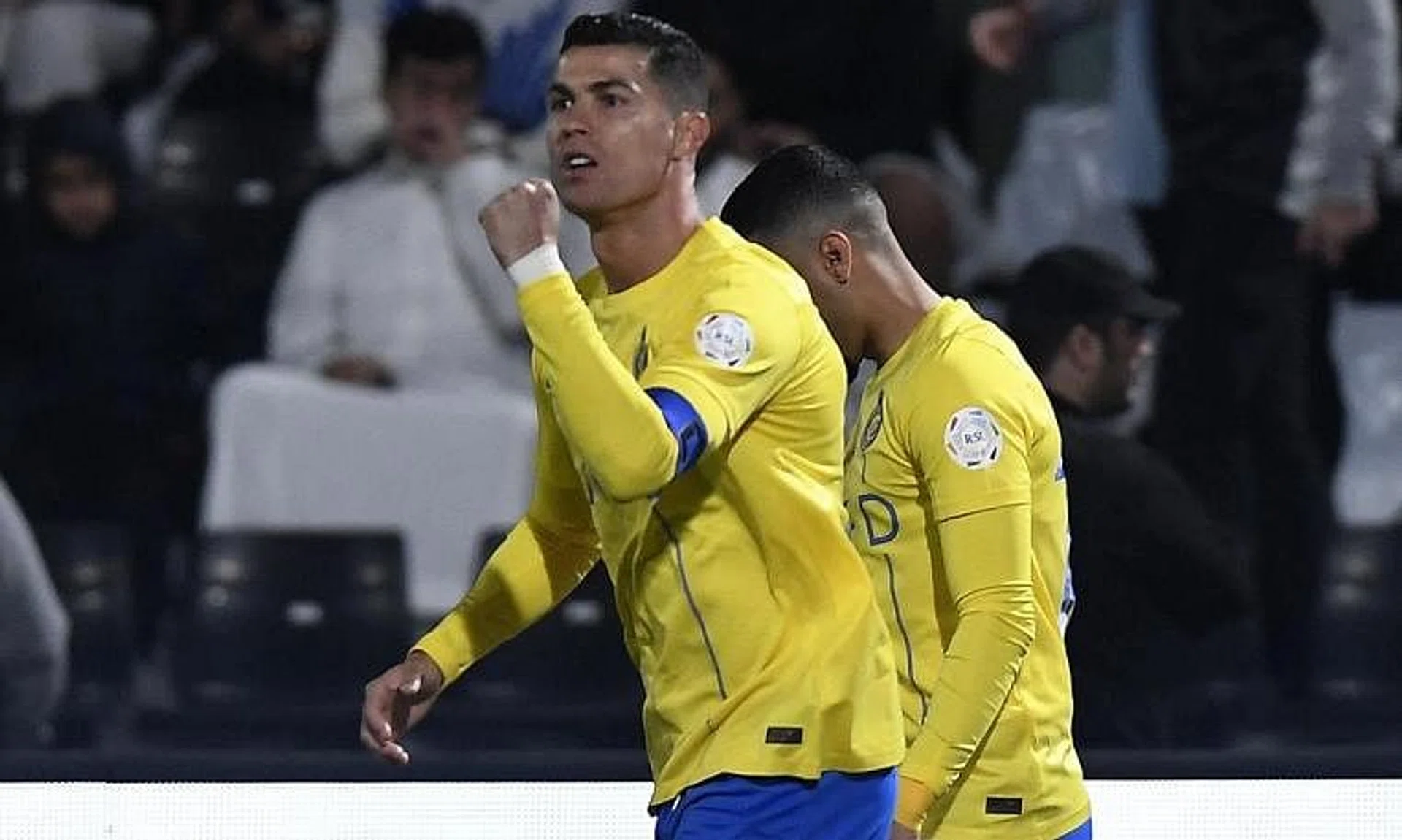 Al Nassr's Cristiano Ronaldo celebrating after scoring  their first goal against Al Shabab.