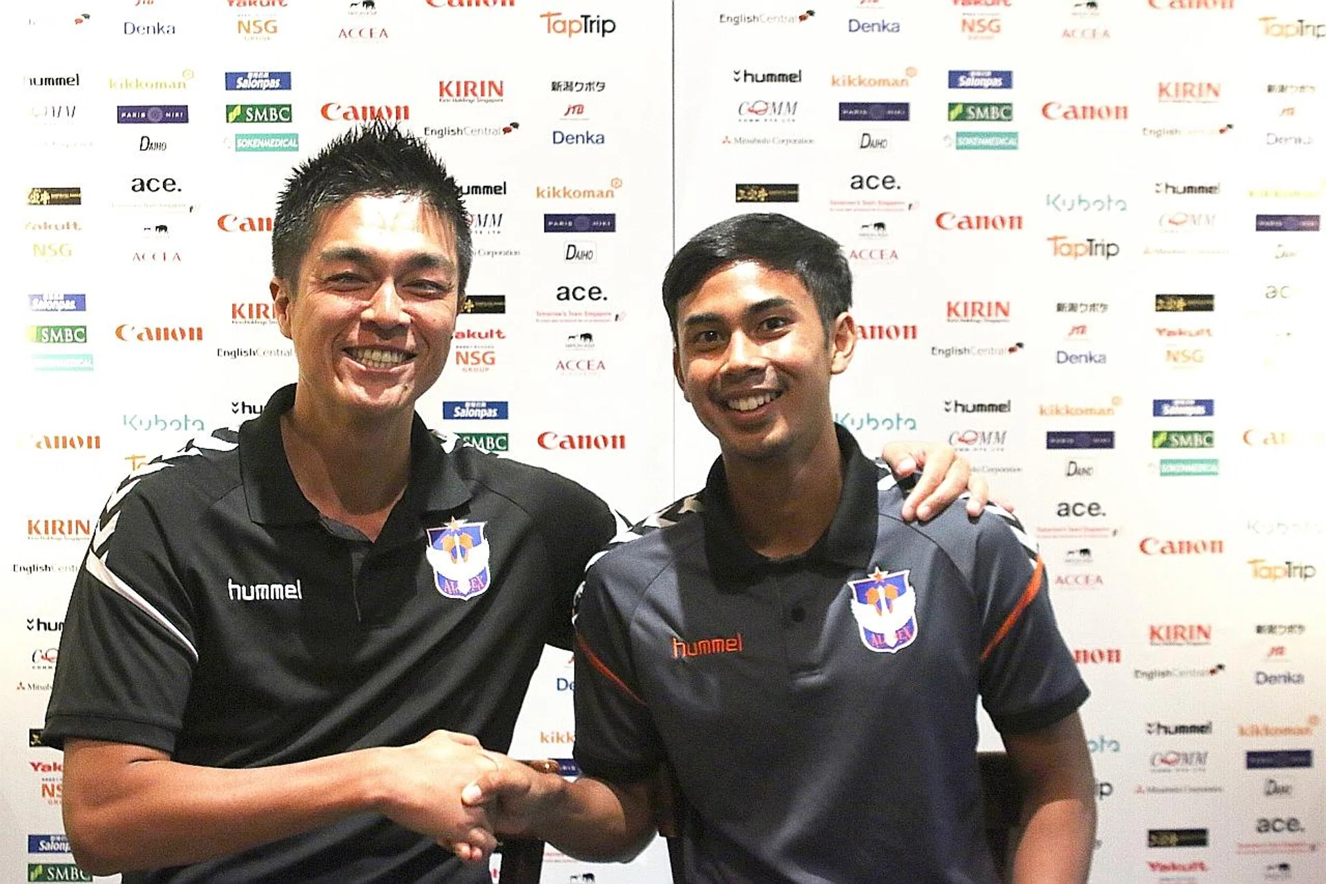 Adam Swandi (right), with Albirex Singapore chairman Daisuke Korenaga, starts his one week-trial with J2 League side Albirex Niigata today. 