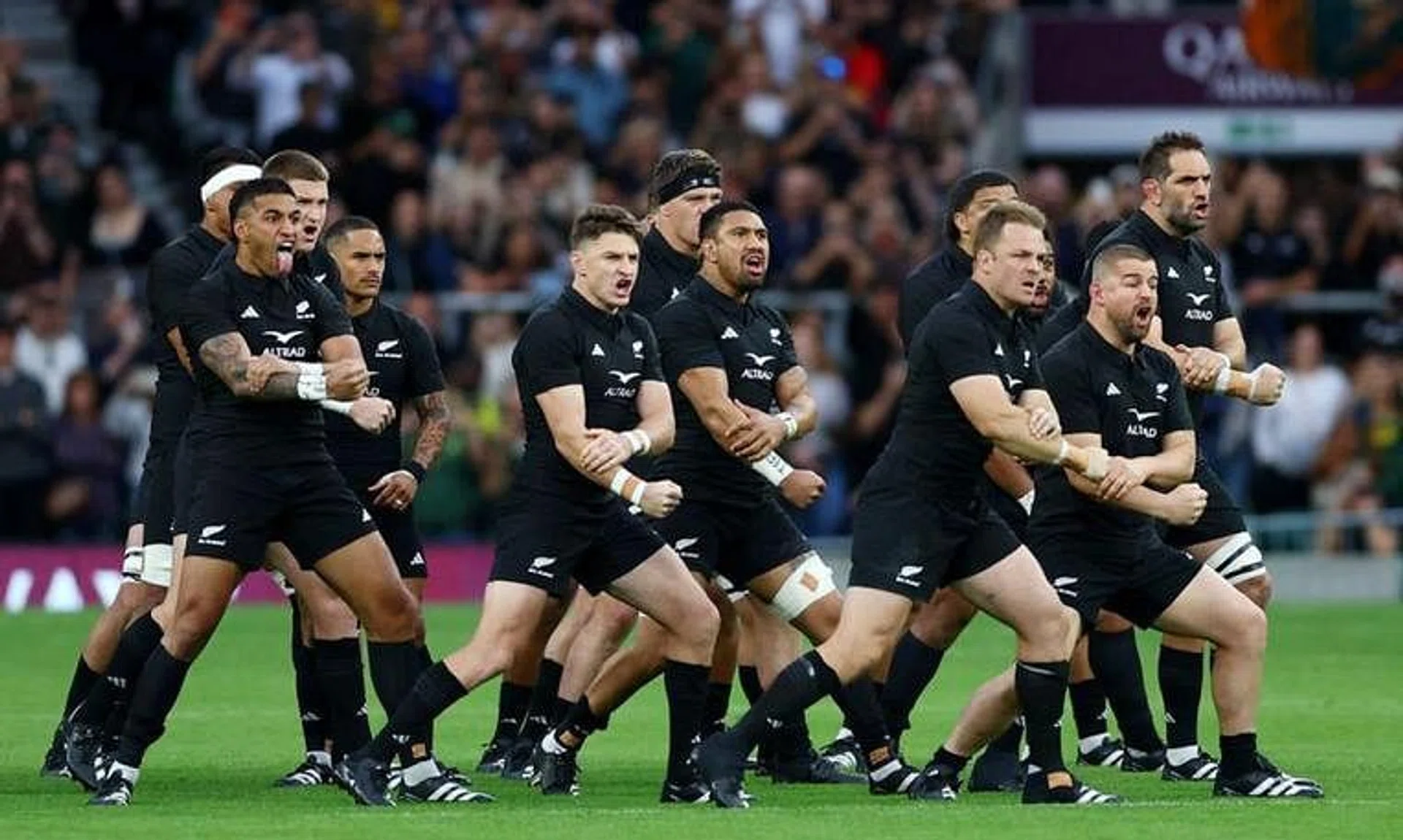 FILE PHOTO: Rugby Union - New Zealand v South Africa - World Cup warm-up - Twickenham Stadium, London, Britain - August 25, 2023 New Zealand players perform the haka before the match Action Images via Reuters/Matthew Childs/File Photo