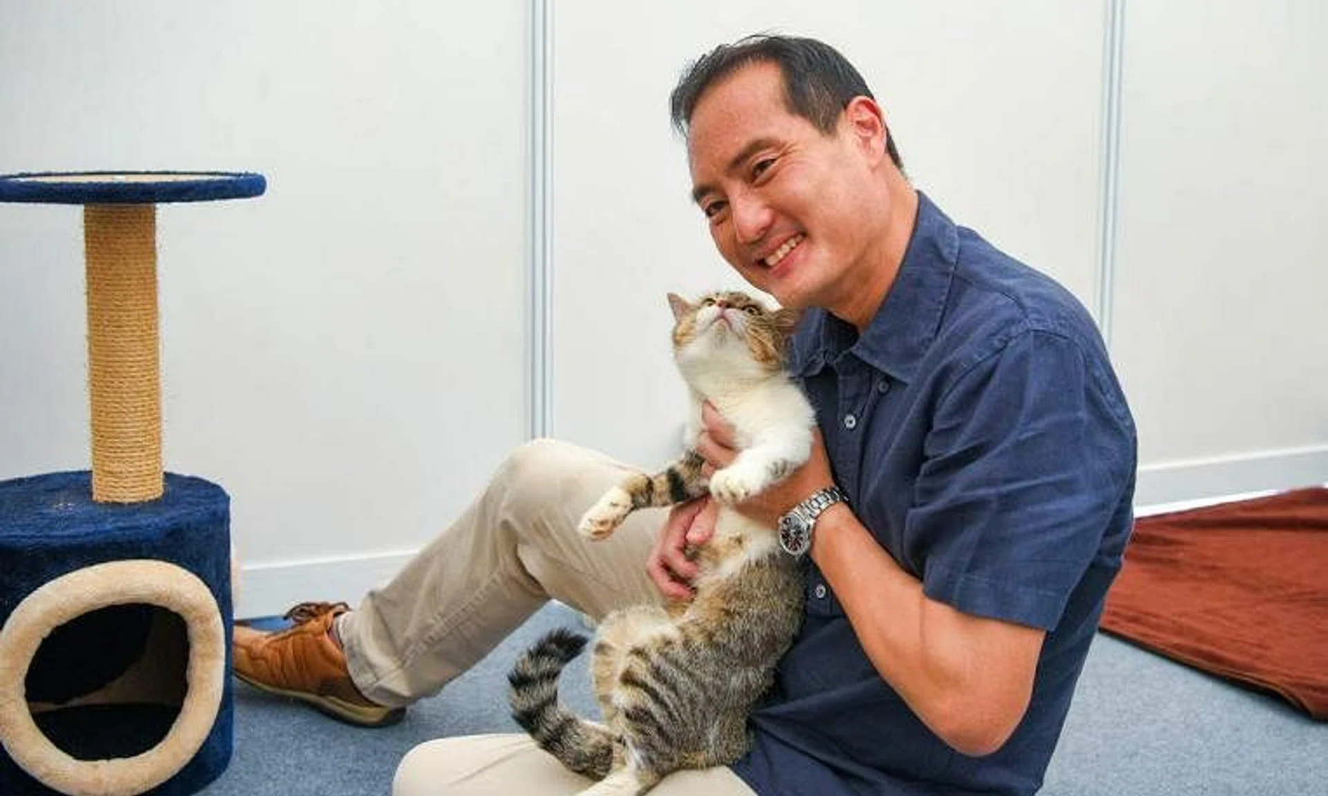 Senior Minister of State for National Development Tan Kiat How interacting with one of the cats up for adoption at Pets' Day Out on May 6.